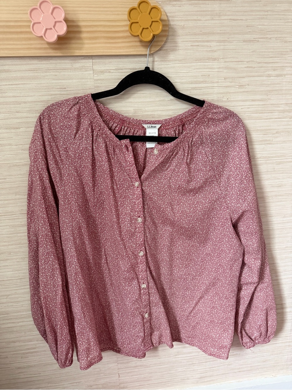 L.L. Bean Rose Pink ditsy floral button-front blouse